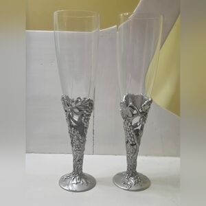 Seagull Pewter Etain Zinn Champagne Flutes Grape Vine 1991